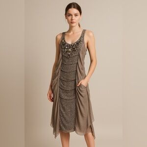 Anna Molinari Taupe Embellished Midi Dress